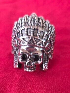 Native American Chief Skull Ring Size 14, CZ Eyes, Indian Head Skull Ring Mens